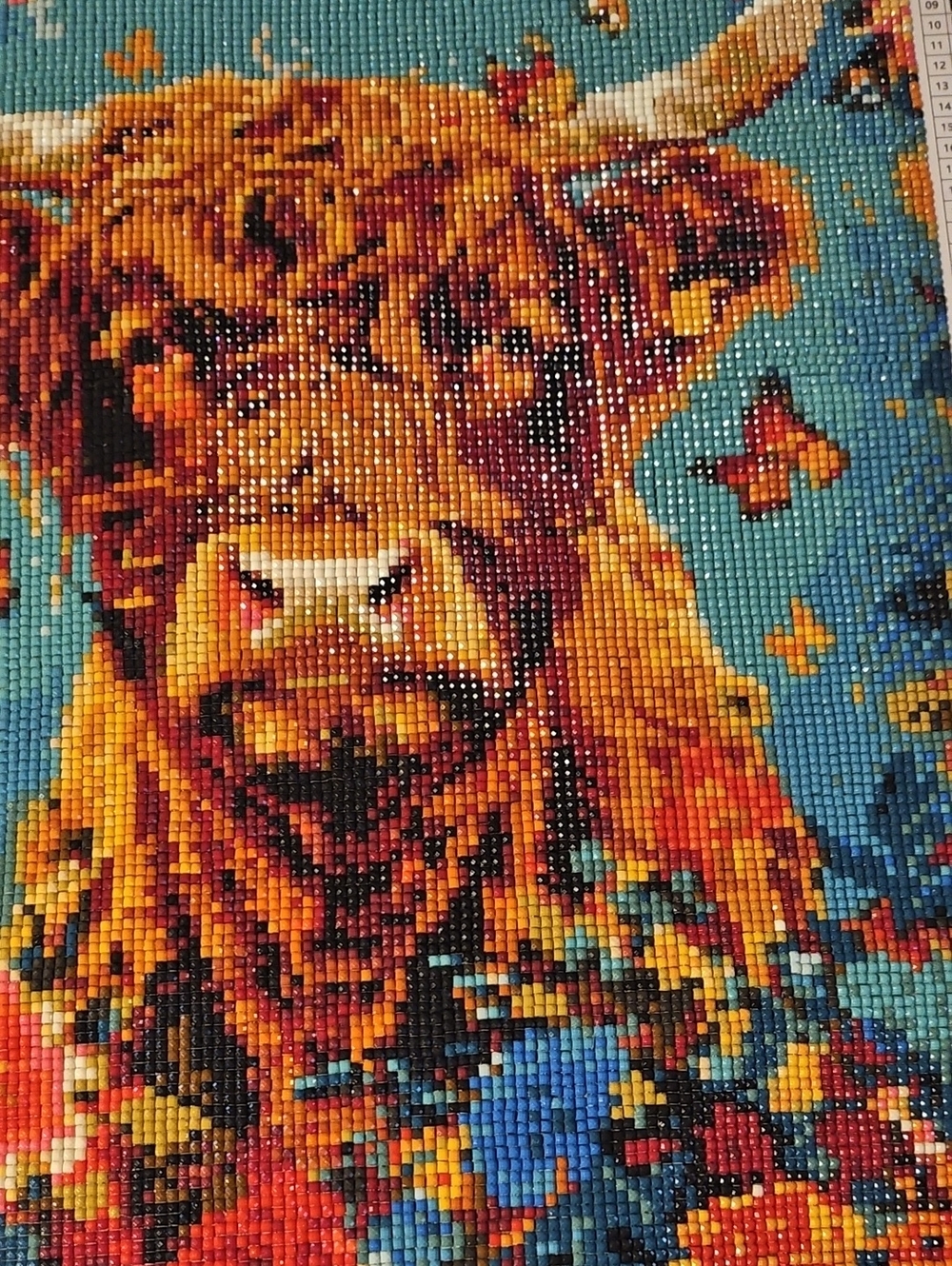 Colorful Orange & Blue Highland Cow Mixed Media Art